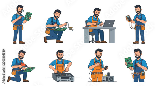 Skilled bearded technician wearing blue work overalls performing various electronic hardware repairs using professional specialized tools and diagnostic testing equipment