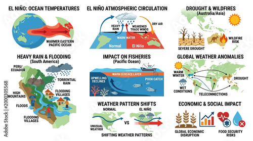 El Niño weather phenomena depicted with ocean temperatures, atmospheric circulation, and global impacts explained visually.