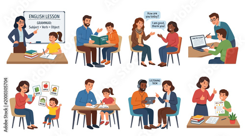 Diverse group of professional teachers helping students learn english through various interactive educational activities and modern study skill techniques
