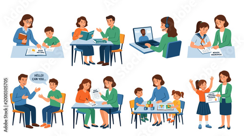 Multiple illustrations portraying English language education scenarios, including teachers helping students, online learning, conversational practice, and academic skill development.