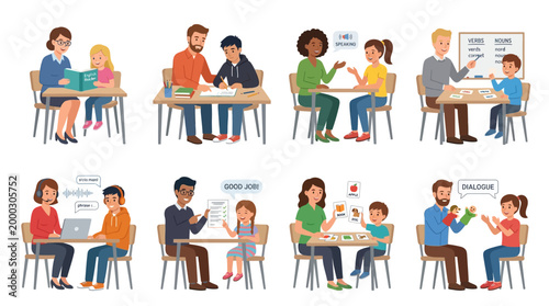 Diverse educational scenes depict teachers instructing students in various language and learning activities across multiple settings.