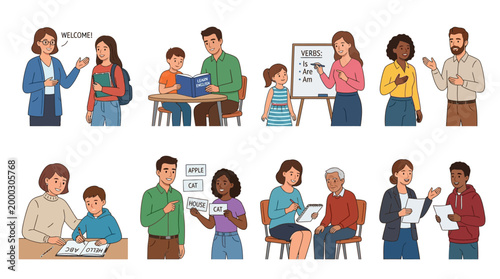 Diverse group of tutors and students engage in interactive educational activities to facilitate learning and language development through personal instruction