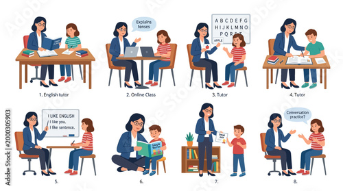 Professional female tutor helps young children learn english language skills through various educational activities and interactive reading sessions at home