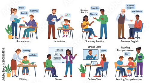 A collection of diverse illustrations depicting students and teachers engaged in various English language learning and teaching activities.