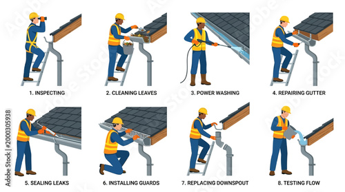 Professional worker demonstrates gutter maintenance steps including inspecting, cleaning, repairing, and flow testing for optimal function.