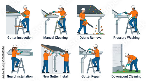 Professional workers wearing safety gear demonstrate various stages of residential gutter maintenance services through this detailed instructional infographic visual set
