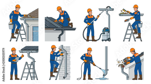 Illustrated worker performs various gutter cleaning and maintenance tasks including debris removal and pressure washing.