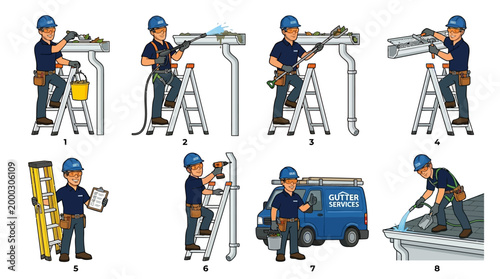 A friendly cartoon worker showcases a range of essential gutter services, from thorough cleaning to expert repair and efficient installation.