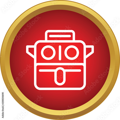 Outline cassette player icon on a red circle with golden border