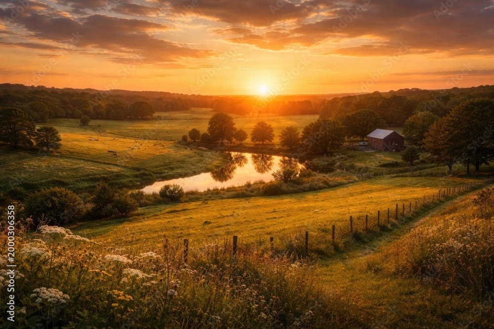Obraz premium Golden hour serenity across expansive pastoral landscape at dusk