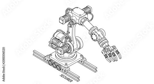 Robot arm industrial manipulator on tracks technical line drawing
