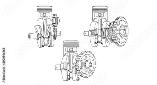 Piston and crankshaft assembly with gears technical drawing illustration
