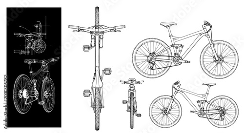 Bicycle mountain bike technical drawing with multiple view angles
