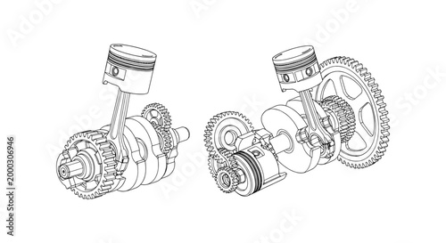 Piston and crankshaft assembly with gears technical drawing illustration
