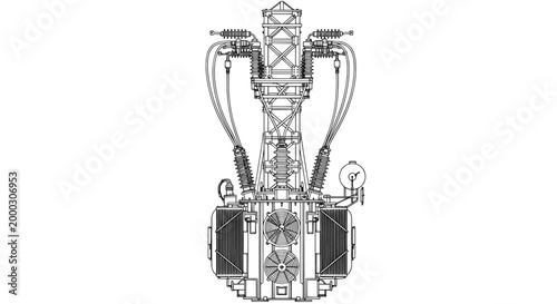 Electric power transformer technical drawing of high voltage station
