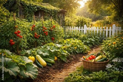 lush green vegetable garden thriving with tomatoes squash and zucchini framed by white picket fence and organic wood backdrop