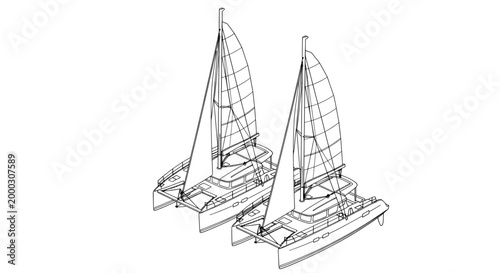 Catamaran sailboat line art of nautical vessel with twin hulls
