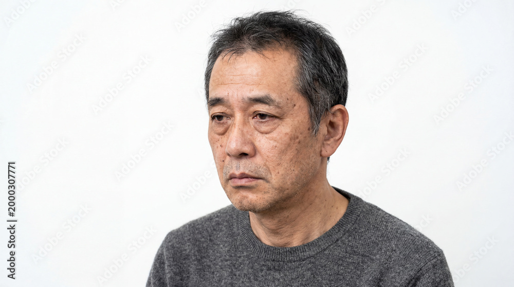 Obraz premium Middle-Aged Japanese Man Looking Away with Sad Depressed Expression, Weary Senior Male Portrait with Salt and Pepper Hair on White Background