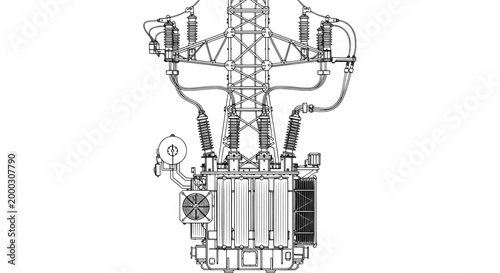 Electric power transformer technical drawing of high voltage station
