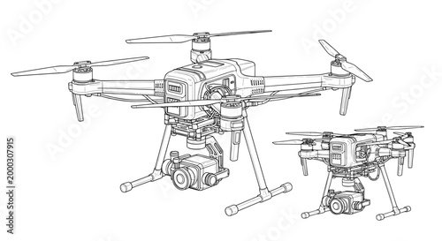 Drone line art illustration of modern quadcopter with camera

