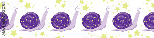 Seamless horizontal border with cute cosmic snail and yellow stars