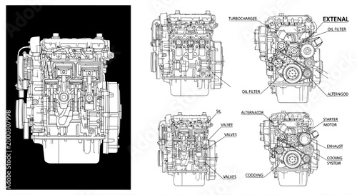 Engine technical diagram of automotive motor with parts labeled

