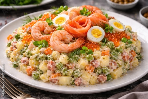 Colorful Olivier salad topped with shrimp salmon and quail eggs arranged on a serving plate