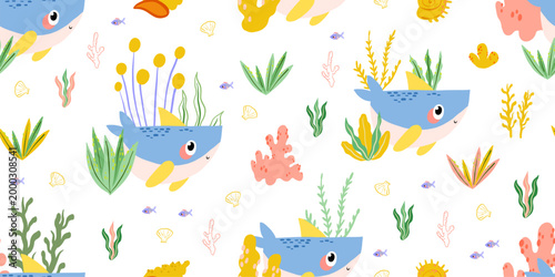 Hand Drawn Seamless Shark Pattern for Kids Ocean Adventure Decor Playful Shark Illustration for Boys Birthdays and Undersea Themed Baby Shower Wallpaper