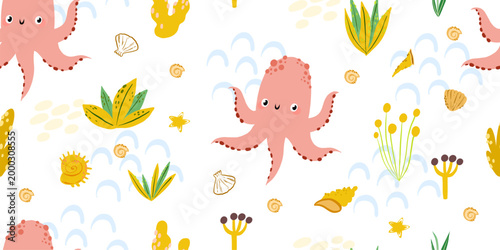Pink octopus and sea shells seamless pattern for toddlers clothing beach party decor underwater world nursery prints and baby girl birthday invitations