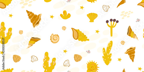 Sunny Yellow Shells and Coral Underwater Seamless Pattern for Summer Beach Parties or Ocean Baby Shower Decor Hand Drawn Coastal Elements Print