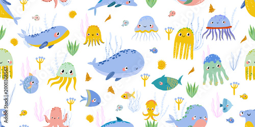 Seamless pattern with whales dolphins jellyfish and sea inhabitants for kids nursery wallpaper marine birthday party and ocean themed baby shower decorations