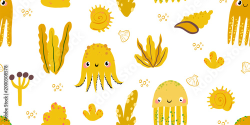 Yellow octopus and seashells seamless pattern for sunny beach apparel underwater adventure nursery decor and bright gender neutral baby shower themes