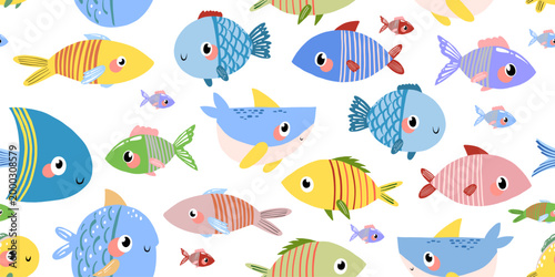 Colorful tropical fish group seamless pattern for children bedroom interior marine educational posters boy birthday party and oceanic textile design
