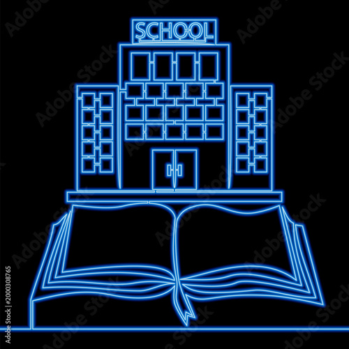 Open book with school building representing education and learning icon neon glow vector illustration concept