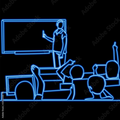 Classroom with students and teacher standing by blackboard during lesson icon neon glow vector illustration concept