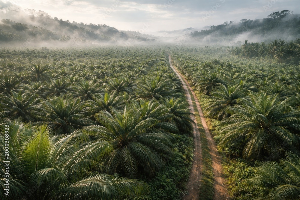 Obraz premium Extensive palm oil agricultural zone with high humidity levels