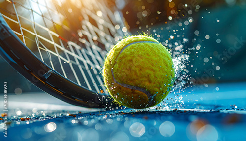 Close up shot of a yellow tennis ball and racket with splashing water