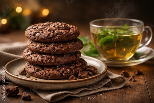 Close up of gourmet chocolate cookies stacked on plate with a warm cup of mint tea and blurred background copy space