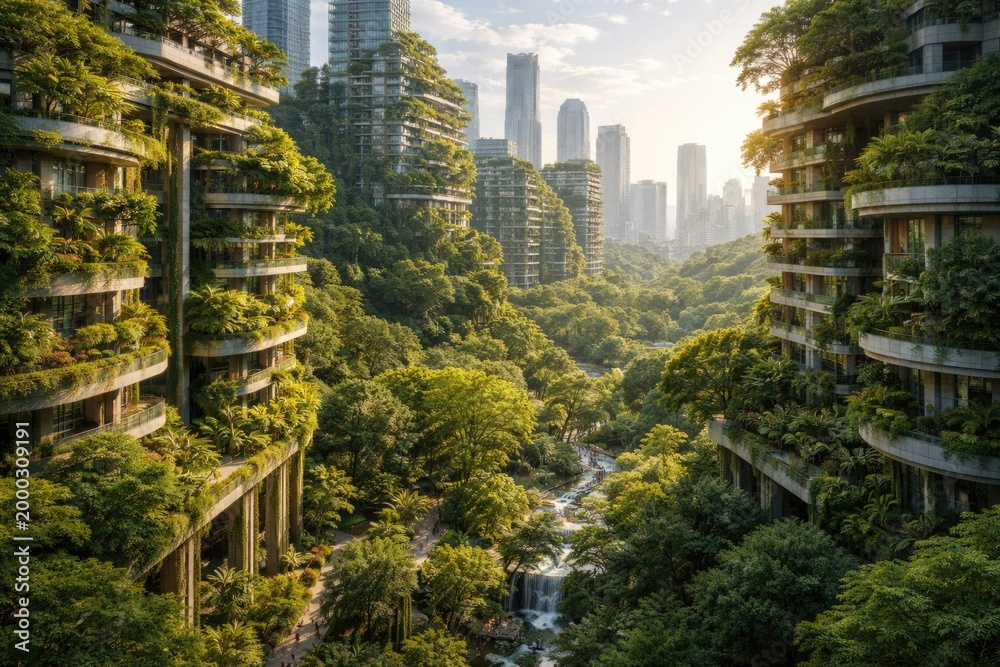 Obraz premium Artistic fusion of contemporary building facades and rich forest canopy in a city focused on nature