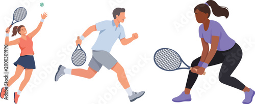 Dynamic illustration of tennis players in action ready to serve and volley