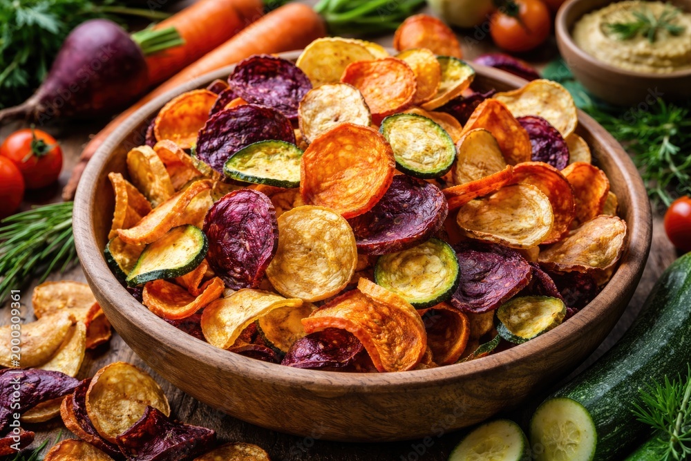 Fototapeta premium Natural vegan vegetable chips using carefully dried organic veggies