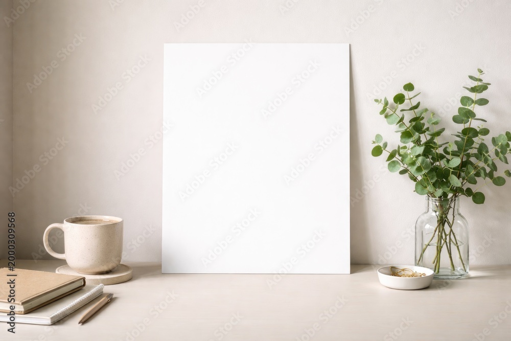 Fototapeta premium Blank white poster display alongside coffee cup and greenery on light beige table