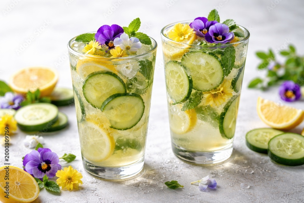 Fototapeta premium Icy citrus cucumber refresher garnished with edible flowers presented in a pair of cups with copy space