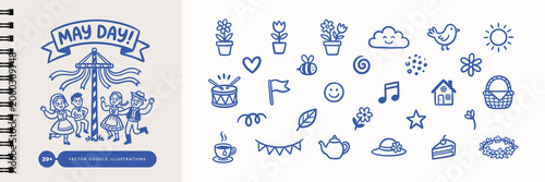 Set of hand drawn May Day doodles with maypole dancers flowers and spring icons