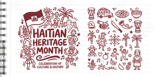 Εκτύπωση καμβά Haitian Heritage Month doodle illustration with flag, traditional dancers, and c