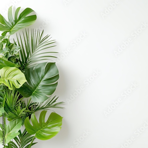 Lush green leaves against a blank background.