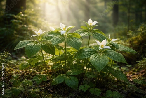 Lovely trillium plants thrive with fresh leaves on a calm sunny morning in a natural preserve