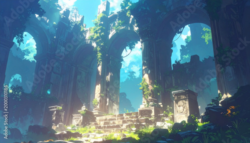Digital art of ancient stone ruins overgrown with green ivy under blue sky