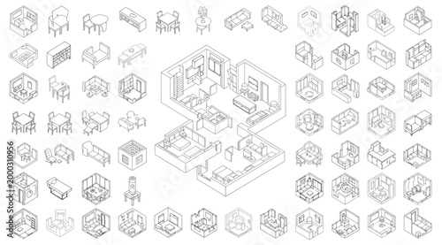 Set of isometric furniture icons and room layouts