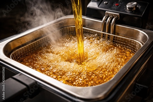 Golden oil poured into electric deep fryer with bubbles and steam